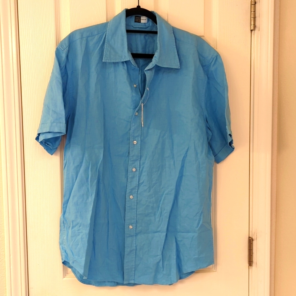 NWT Saks Fifth Avenue XL Men's blue linen button-down short sleeve shirt